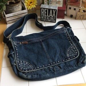 ‘No Boundaries’ NWT Blue Denim/Studs Messenger Bag